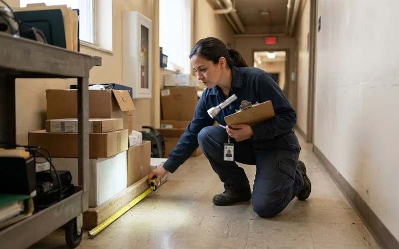 A fire safety inspector reviewing a property with blocked pathways, representing the assessment stage of an emergency hoarding situation