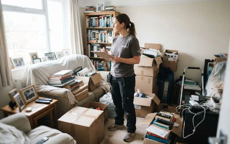A person standing in a cluttered room wearing gloves and a mask, assessing the scope of a cleanup before deciding whether to continue alone