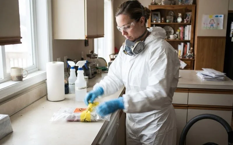 A cleanup technician wearing a full protective suit, gloves and respirator while working in a biohazard-affected room